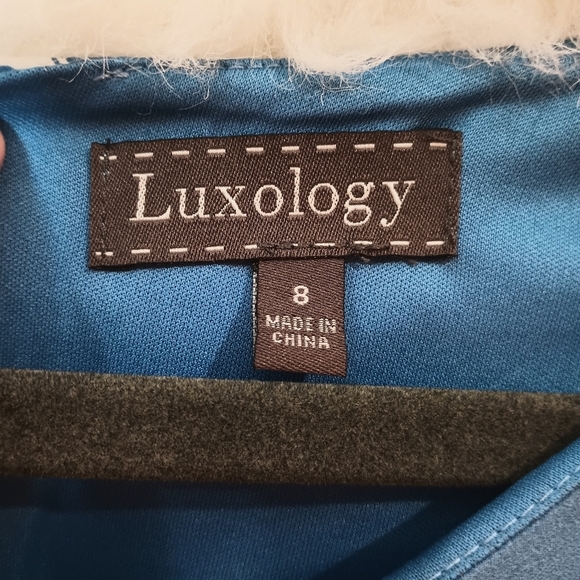 Luxology Blue and White Cold Shoulder Long Sleeve Lined Dress Size 8 - Picture 10 of 14